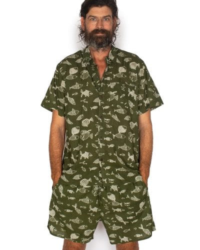 OM Designs Mens Shirt Men's Cotton Shirt - Olive Fish