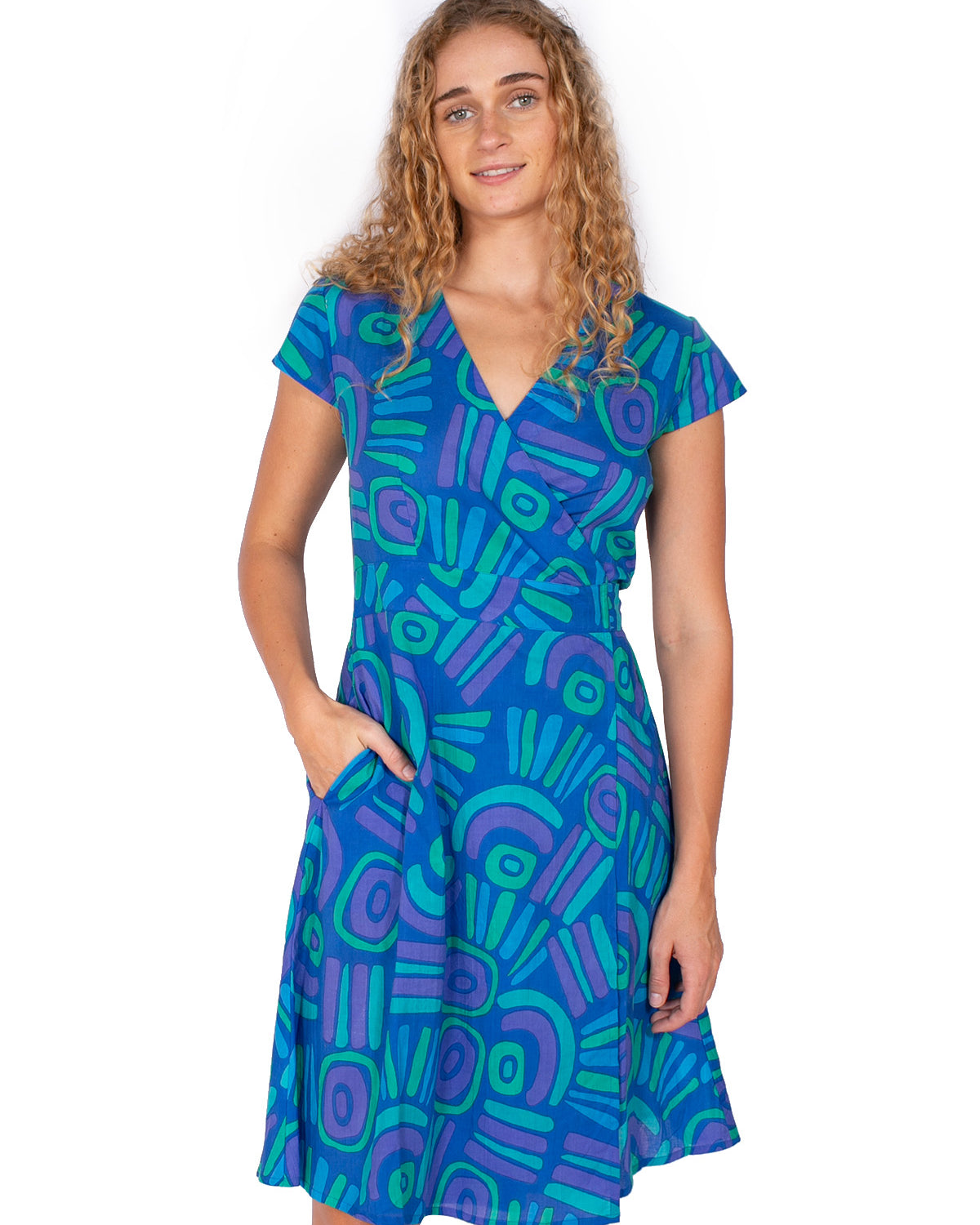 OM Designs OM Design Rose Wrap Dress - Abstract Blue OM Design Rose Wrap Dress - Abstract Blue Splash Swimwear Womens Clothing