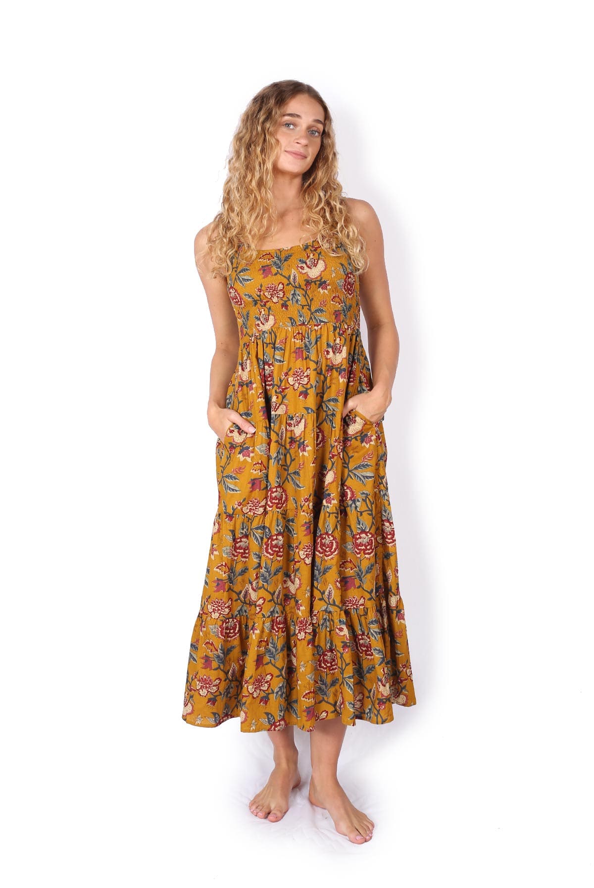 OM Designs OM Designs Long Puri Dress - Mustard Florals OM Designs Long Puri Dress - Mustard Florals Splash Swimwear Dresses