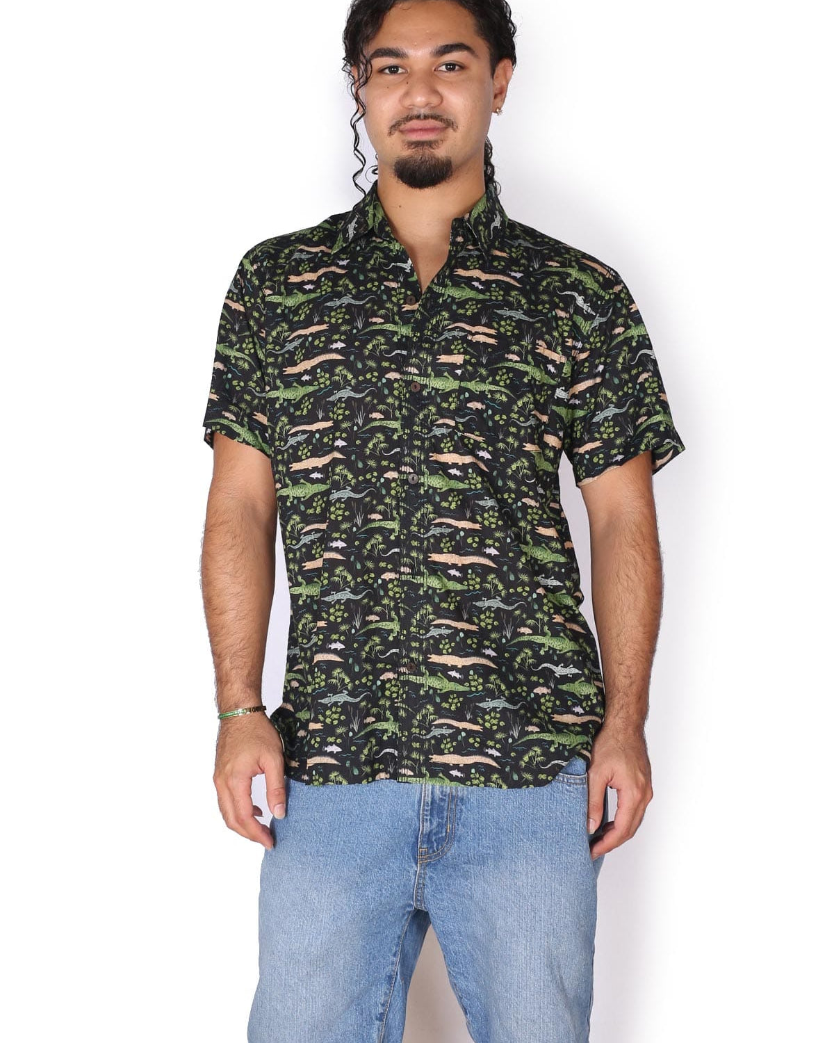 OM Designs OM Designs Mens Shirt - Brooke Croc Black Men's Cotton Shirt - Crocodiles Splash Swimwear Mens Shirt