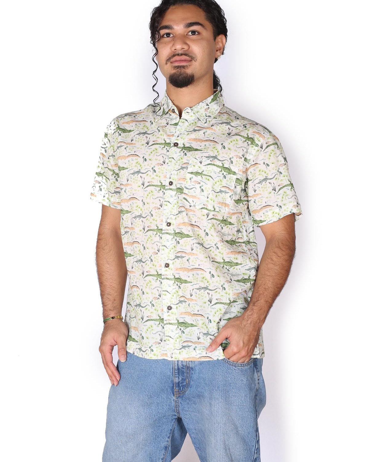 OM Designs OM Designs Mens Shirt - Brooke Croc White Men's Cotton Shirt - Crocodiles Splash Swimwear Mens Shirt