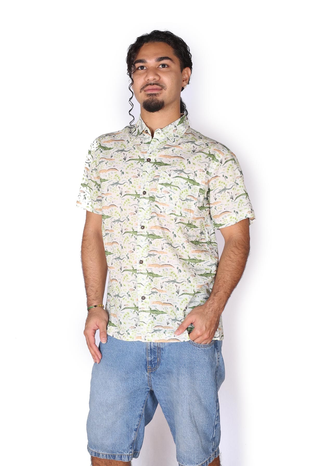 OM Designs OM Designs Mens Shirt - Brooke Croc White Men's Cotton Shirt - Crocodiles Splash Swimwear Mens Shirt