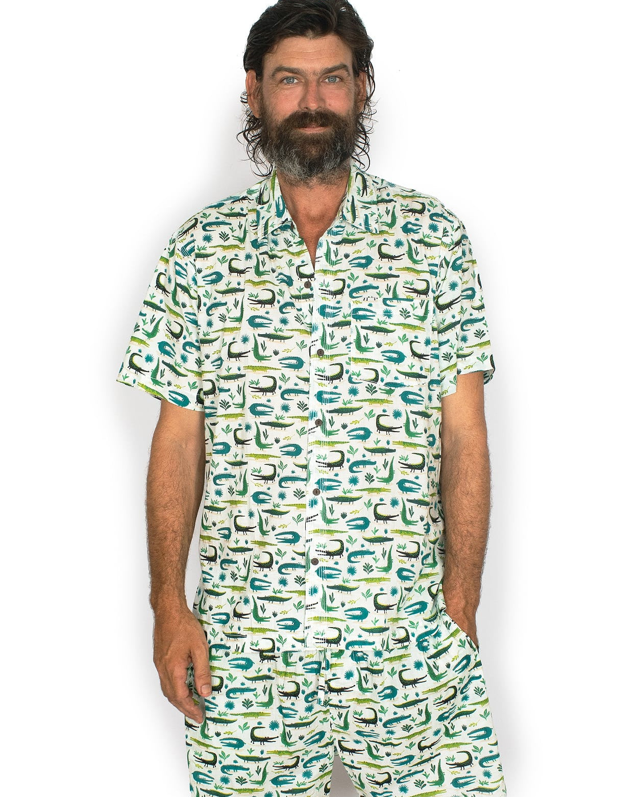 OM Designs OM Designs Mens Shirt - Crocodiles Men's Cotton Shirt - Crocodiles Splash Swimwear Mens Shirt