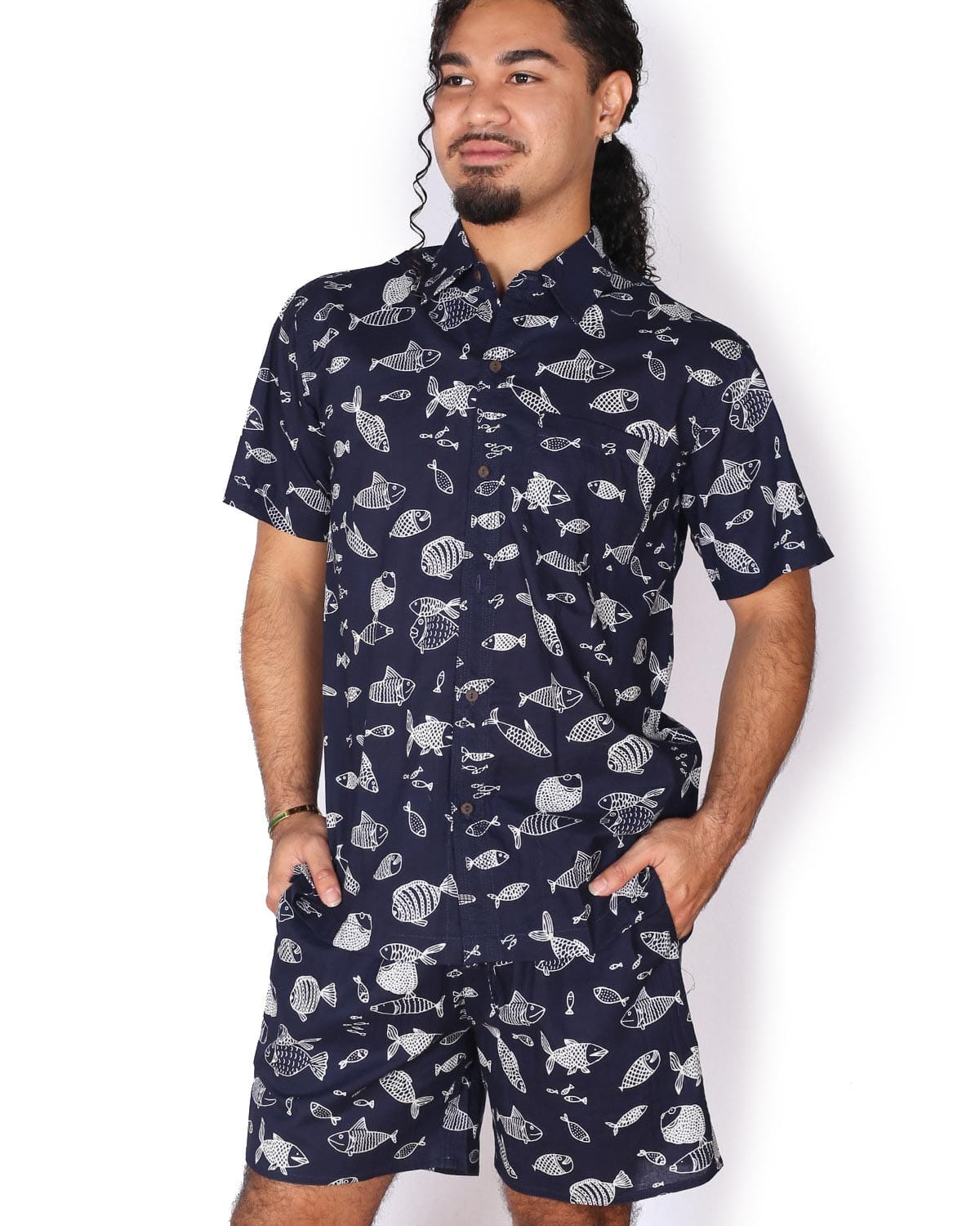 OM Designs OM Designs Mens Shirt - Navy Fish Men's Cotton Shirt - Crocodiles Splash Swimwear Mens Shirt