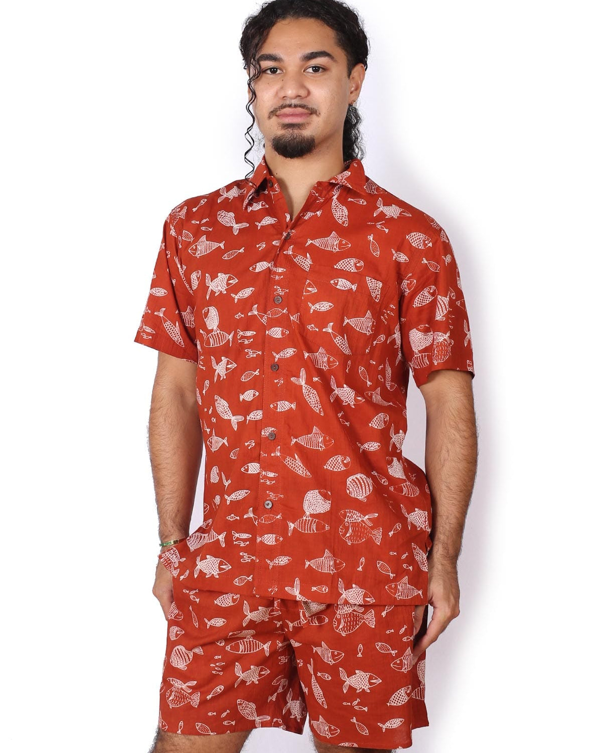 OM Designs OM Designs Mens Shirt - Ochre Fish Men's Cotton Shirt - Crocodiles Splash Swimwear Mens Shirt