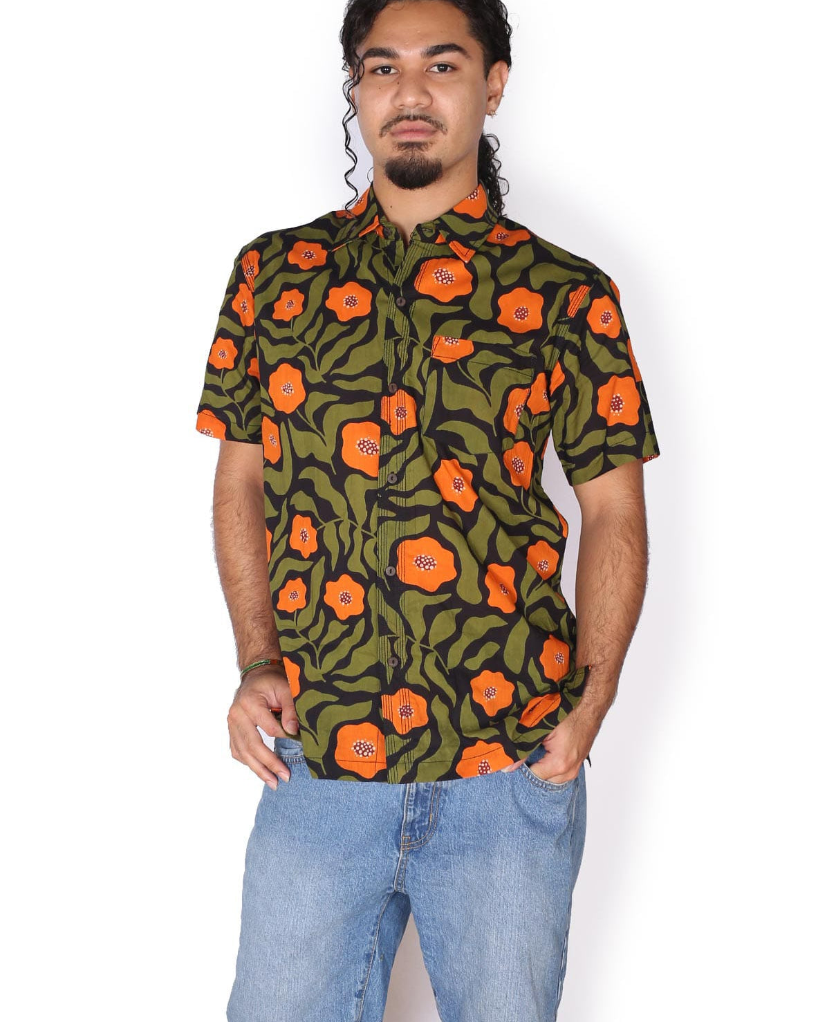 OM Designs OM Designs Mens Shirt - Poppy Orange Men's Cotton Shirt - Crocodiles Splash Swimwear Mens Shirt