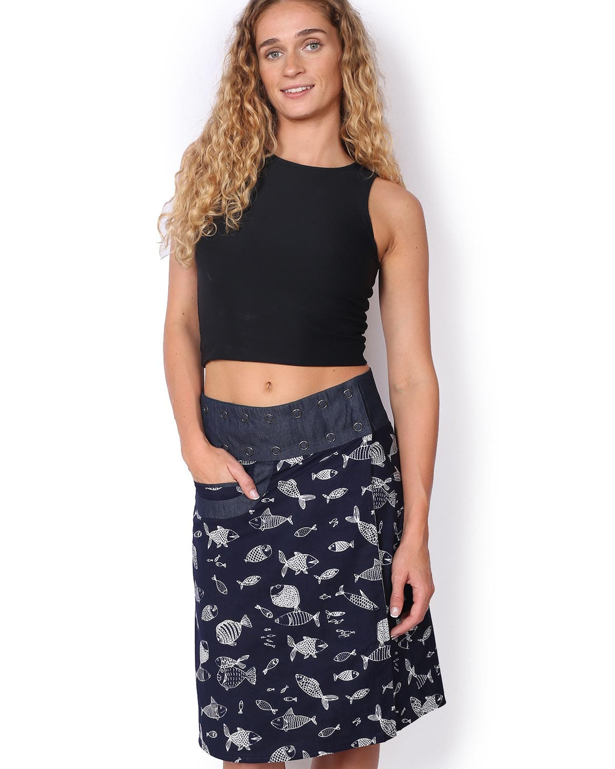 OM Designs OM Designs Reversible New Energy Skirt Long - Navy Fish/Crocodiles 46927671041753 OM Designs Reversible New Energy Skirt Long - Navy Fish/Crocodiles Splash Swimwear Skirt O/S 86927671041753