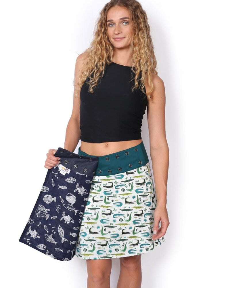 OM Designs OM Designs Reversible New Energy Skirt Short - Navy Fish/Crocodiles OM Designs Reversible New Energy Skirt Short - Navy Fish/Crocodiles Splash Swimwear Skirt O/S 1000030813