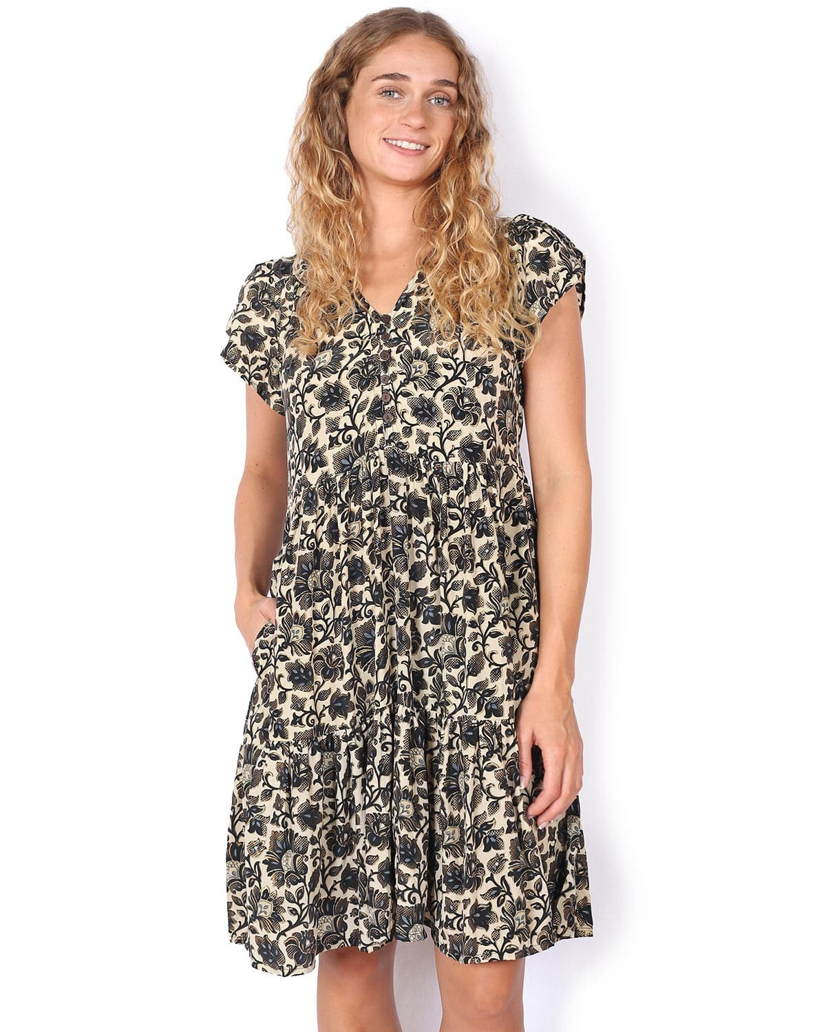 OM Designs OM Designs Sasha Dress - Black Flower Gold OM Designs Sasha Dress - Black Flower Gold Splash Swimwear Dresses