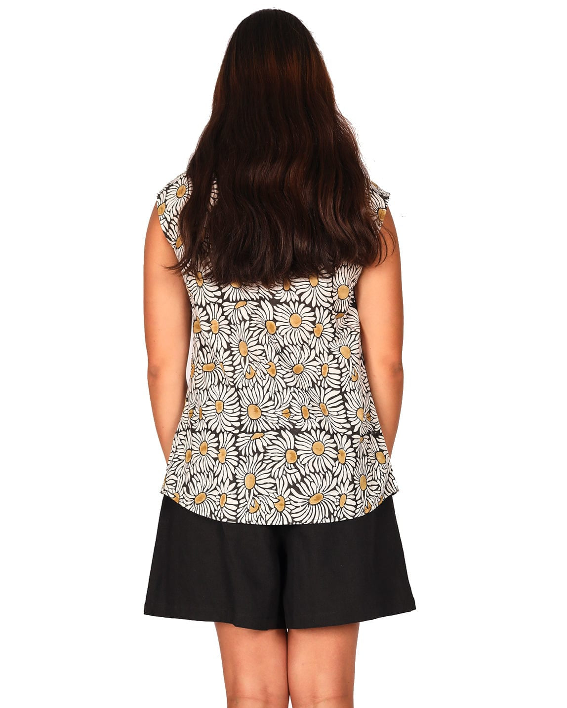 OM Designs Tops Tulip Top - Black Sunflower Block Print