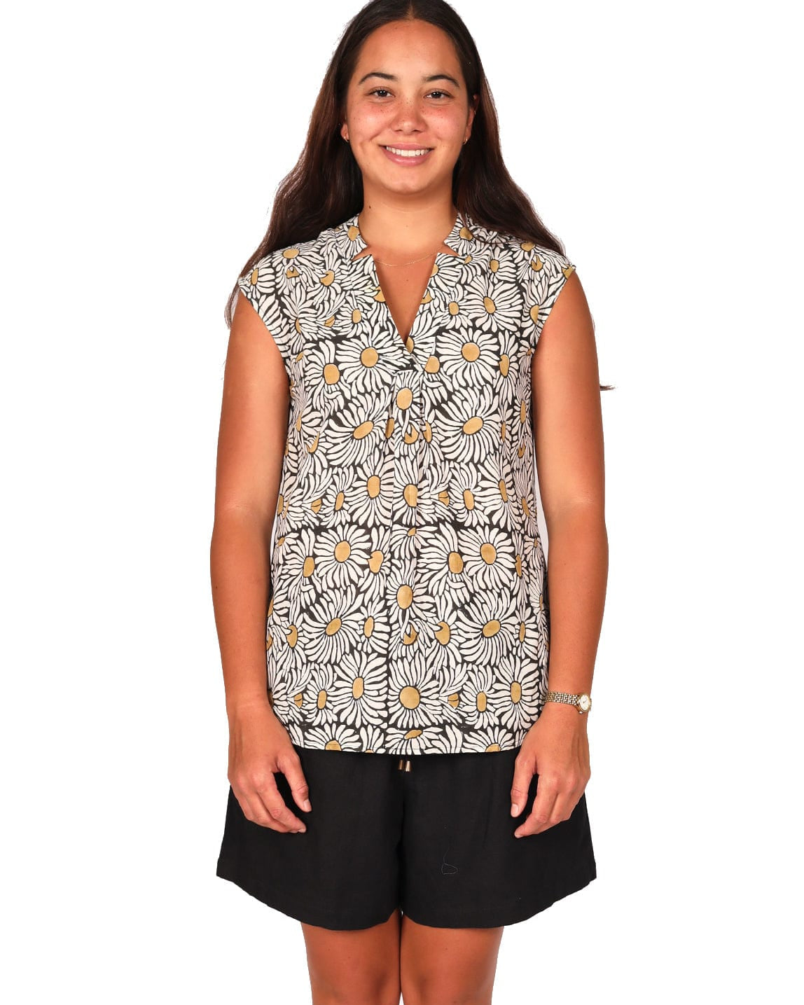 OM Designs Tops Tulip Top - Black Sunflower Block Print