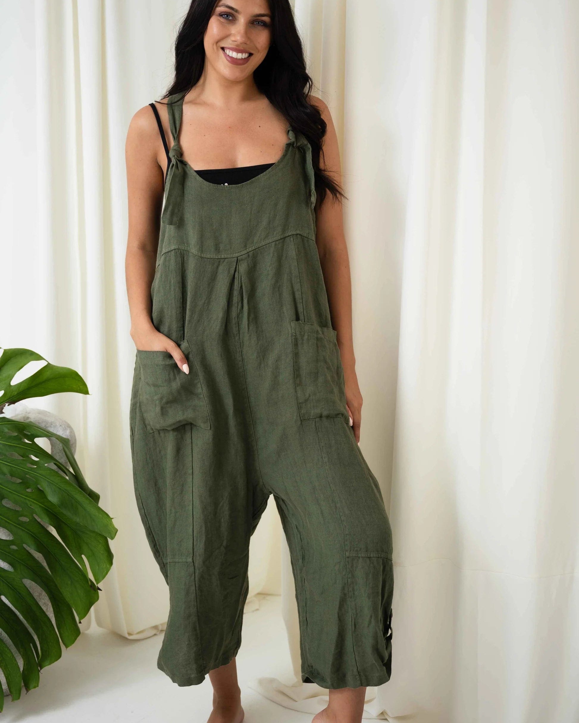Portofino Jovie Baggy Linen Jumpsuit Jovie Baggy Linen Jumpsuit Splash Swimwear Playsuits & Jumpsuits Khaki / O/S 134511KH