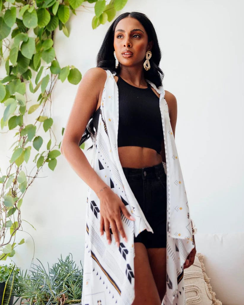 Possi the Label Freya Duster Vest Tribal - White & Gold PTL-FDV101 Shop Australian Tropical Fashion: Freya Duster Vest Tribal - White & Gold | Splash Swimwear Splash Swimwear O/S 794712263807