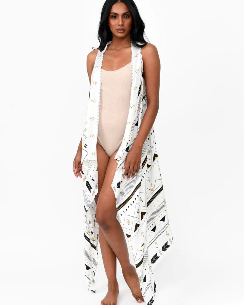 Possi the Label Freya Duster Vest Tribal - White & Gold PTL-FDV101 Shop Australian Tropical Fashion: Freya Duster Vest Tribal - White & Gold | Splash Swimwear Splash Swimwear O/S 794712263807