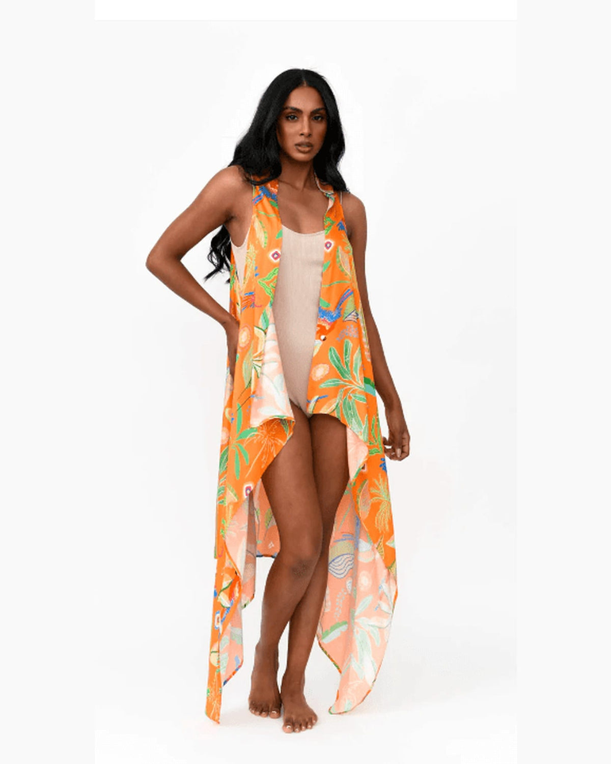 Possi the Label Freya Duster Vest Tropical Print - Orange PTL-FDV301 Freya Duster Vest Tropical Print - Orange Splash Swimwear O/S 794712264088