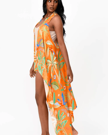 Possi the Label PTL-FDV301 O/S Freya Duster Vest Tropical Print - Orange Shop Freya Duster Vest Tropical Print - Orange | Australian Tropical Fashion | Splash Swimwear