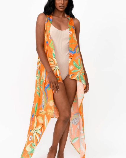 Possi the Label PTL-FDV301 O/S Freya Duster Vest Tropical Print - Orange Shop Freya Duster Vest Tropical Print - Orange | Australian Tropical Fashion | Splash Swimwear