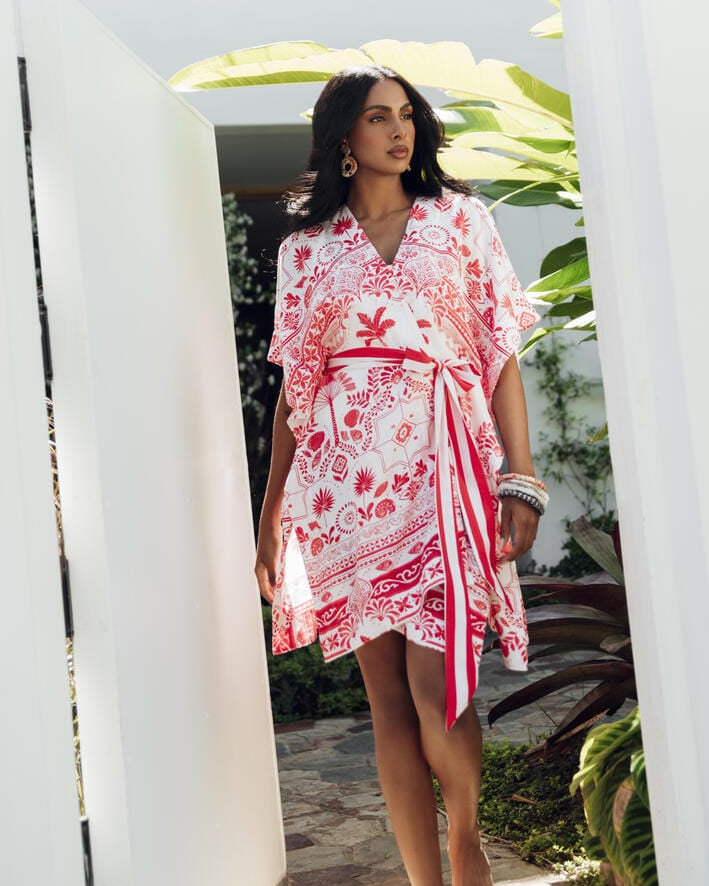 Possi the Label Zahlia Short Kimono Mediterranean - Red & White Splash Swimwear Clothing