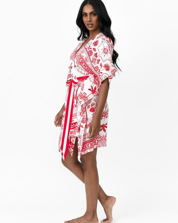 Possi the Label Zahlia Short Kimono Mediterranean - Red & White Splash Swimwear Clothing
