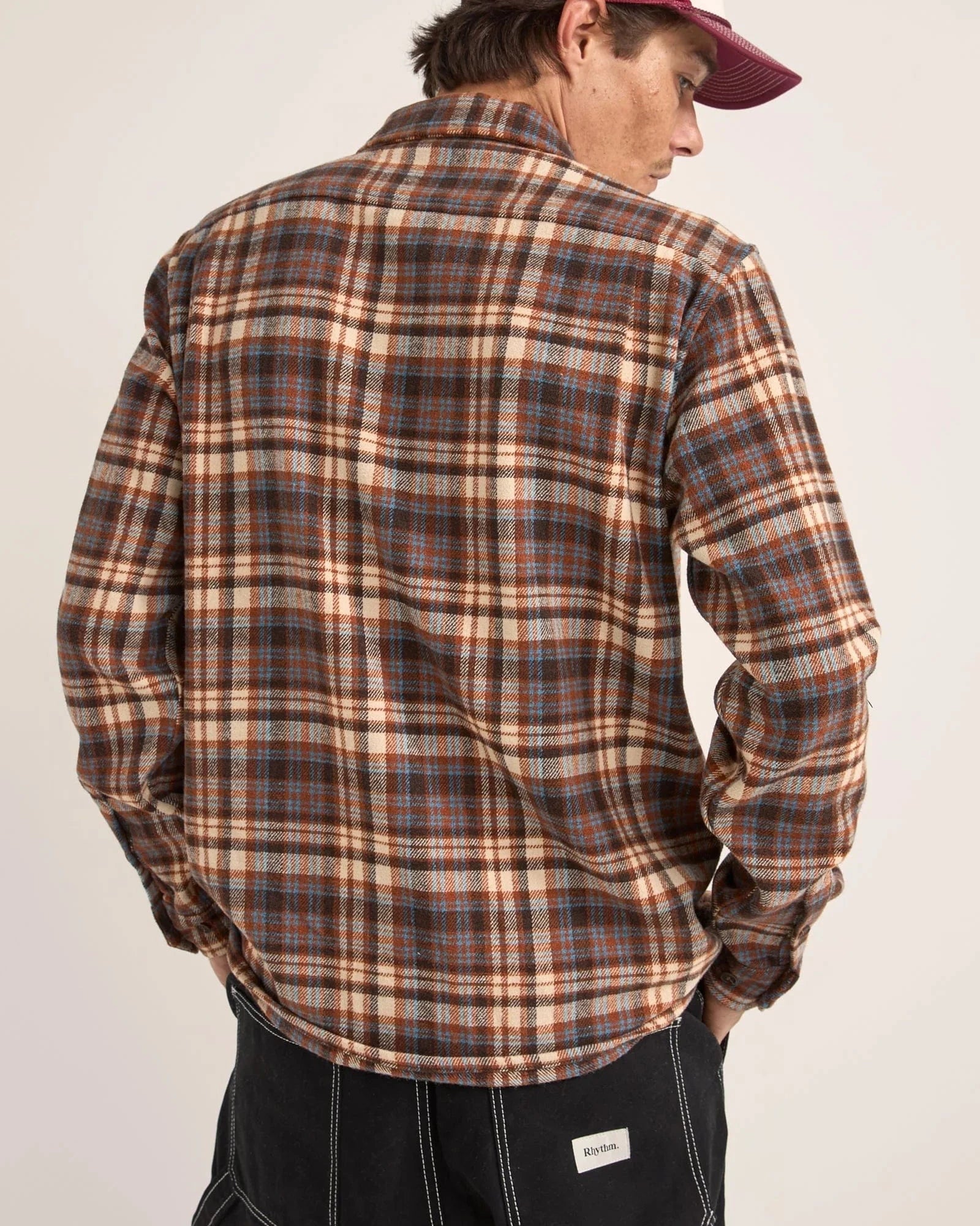 Rhythm Mens Albert Check Long Sleeve Shirt - Almond Rhythm Albert Check LS Shirt - Almond Splash Swimwear Mens