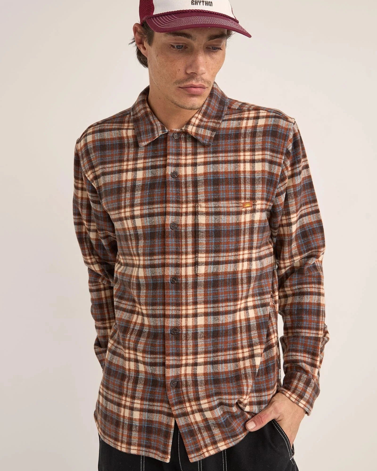 Rhythm Mens Albert Check Long Sleeve Shirt - Almond Rhythm Albert Check LS Shirt - Almond Splash Swimwear Mens