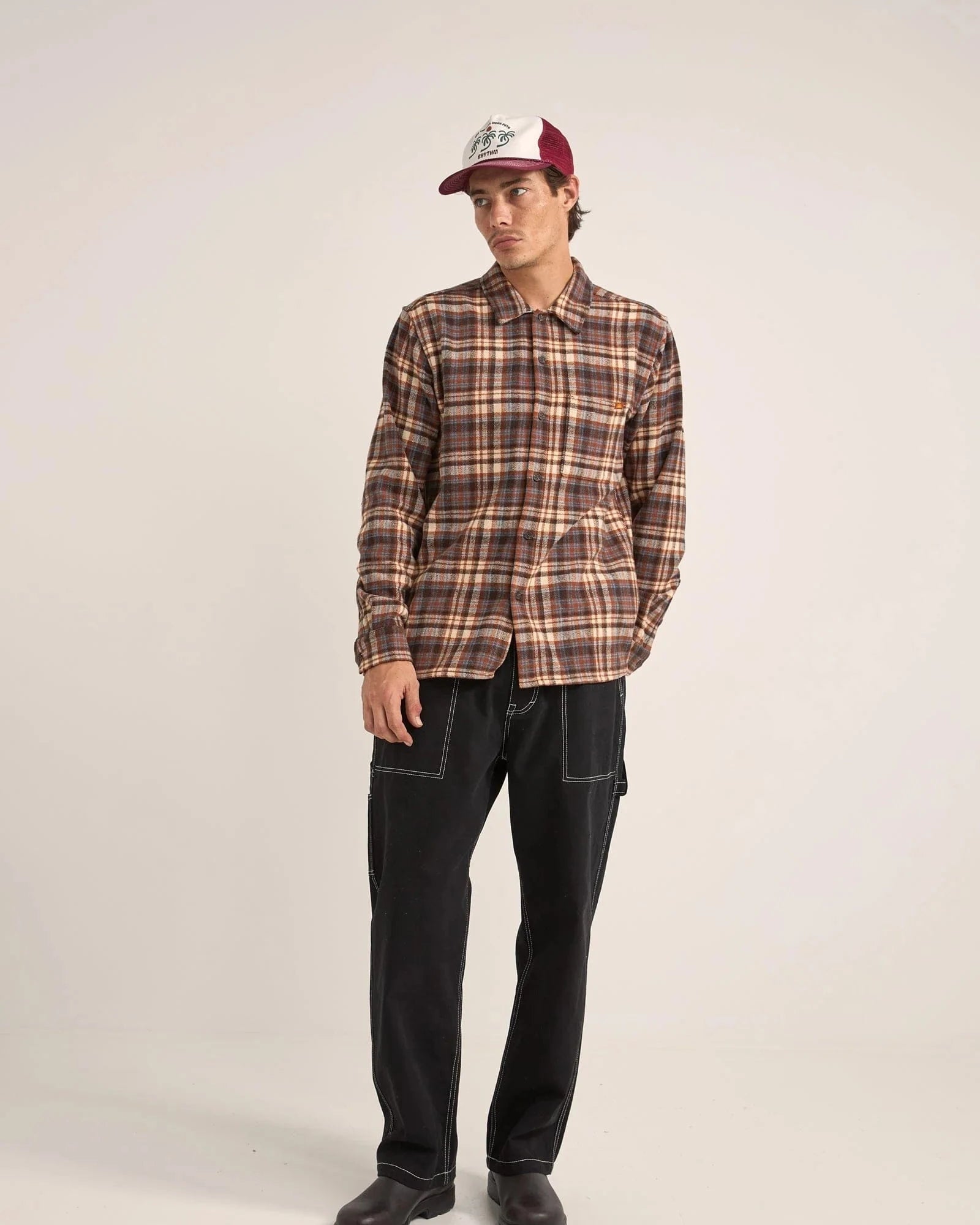 Rhythm Mens Albert Check Long Sleeve Shirt - Almond Rhythm Albert Check LS Shirt - Almond Splash Swimwear Mens