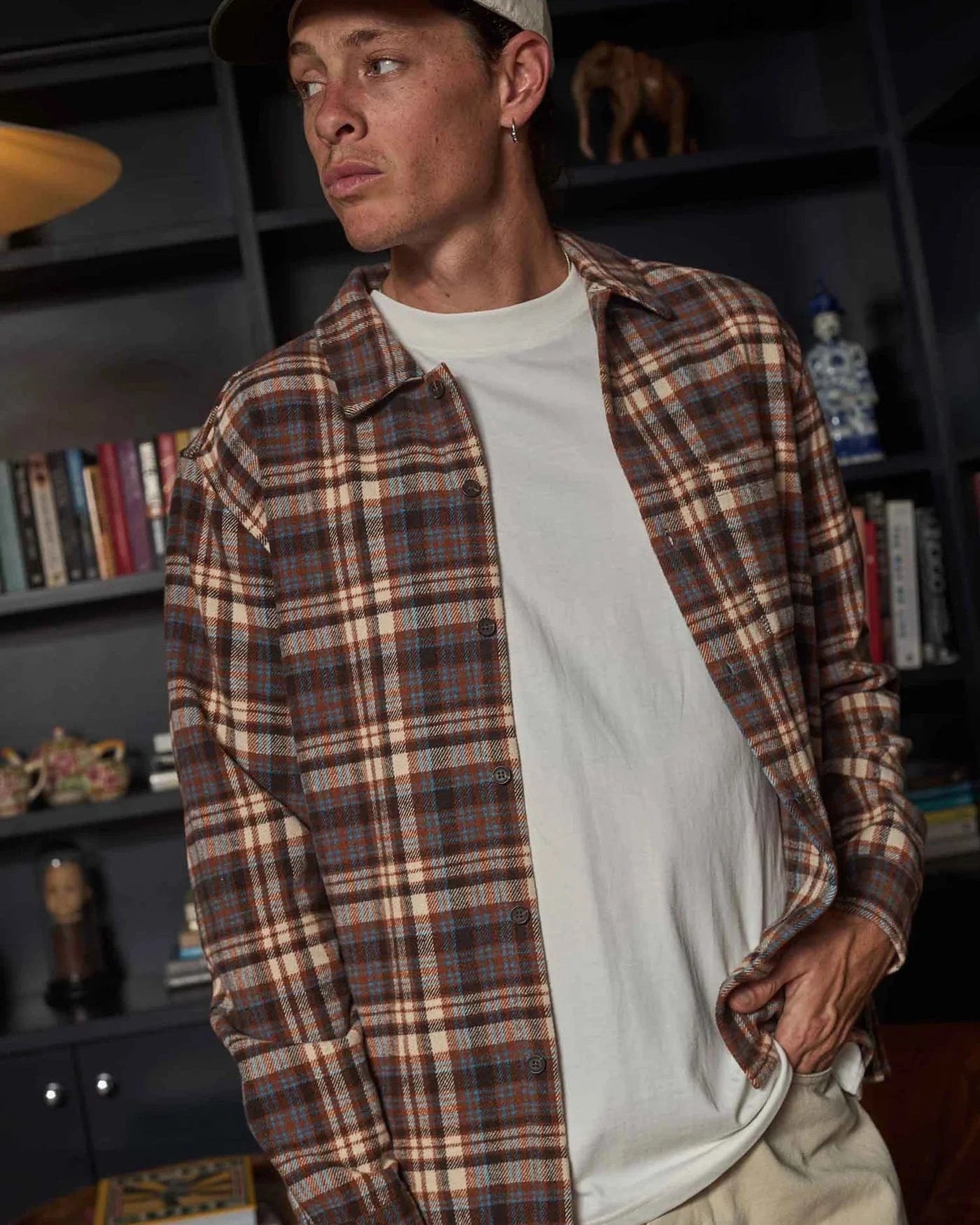 Rhythm Mens Albert Check Long Sleeve Shirt - Almond Rhythm Albert Check LS Shirt - Almond Splash Swimwear Mens