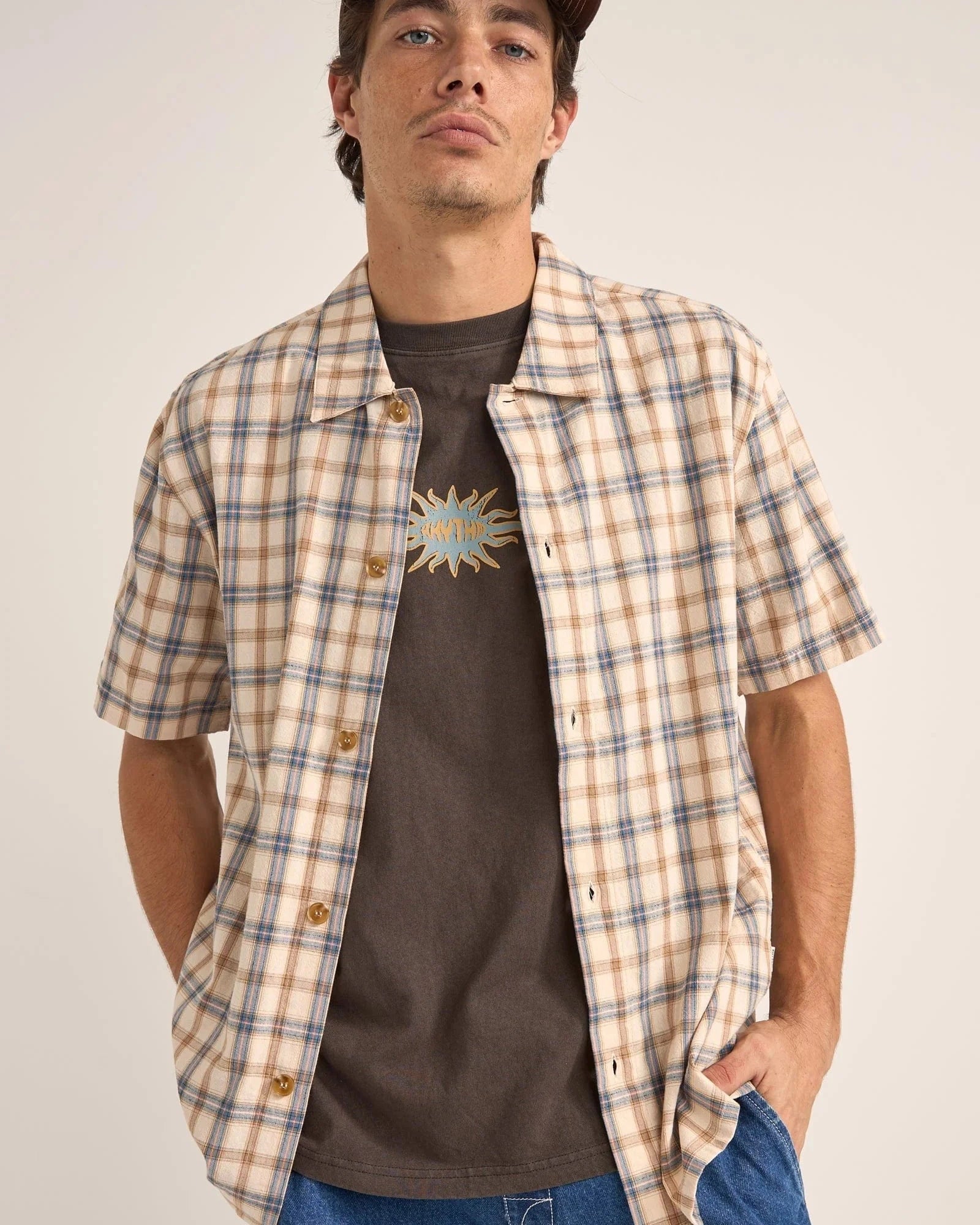 Rhythm Mens Check SS Shirt - Natural Rhythm Check SS Shirt - Natural Splash Swimwear Mens