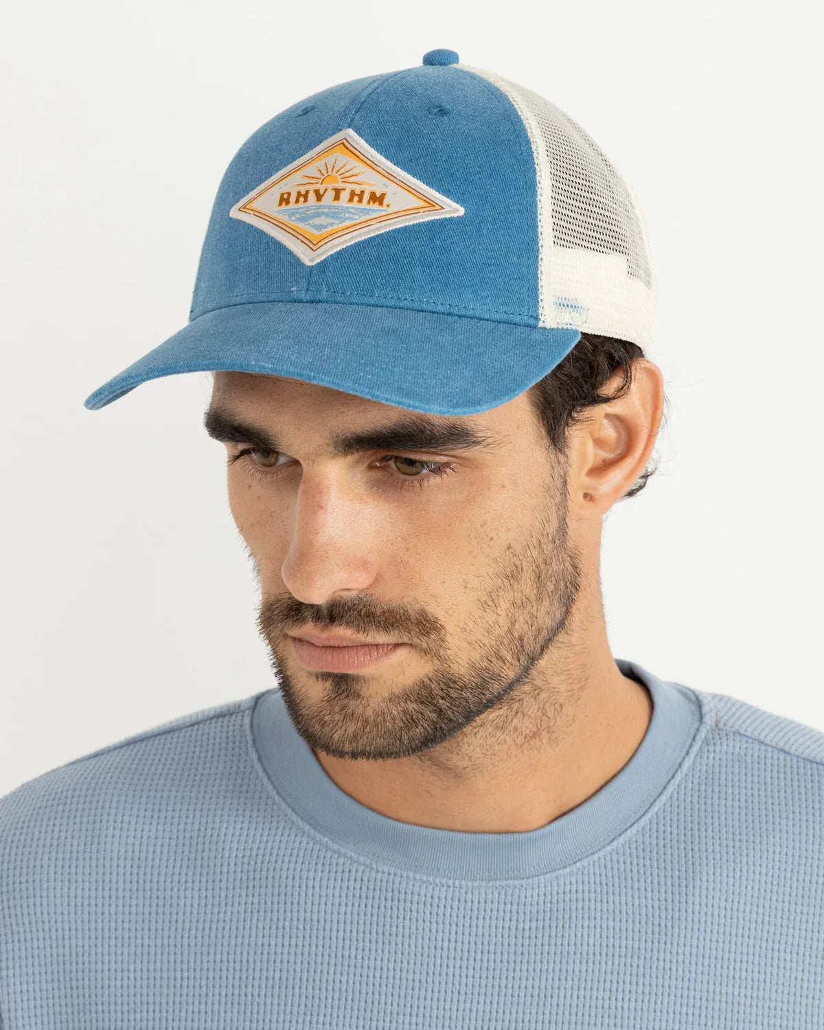 Rhythm Mens Rhythm Frame Trucker Cap- Blue 0725M-HW08-BLU Rhythm Frame Trucker Cap- Blue Splash Swimwear Hats O/S 9360397217230