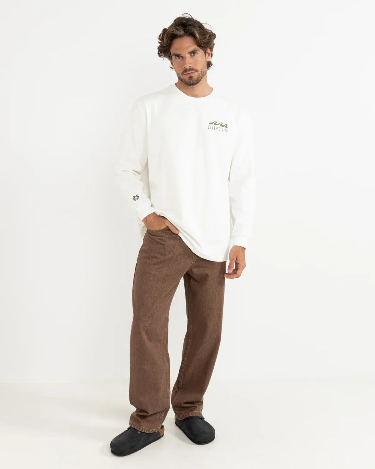 Rhythm Mens Rhythm Grange Loose Fit LS T-Shirt - Ecru Rhythm Grange Loose Fit LS T-Shirt - Ecru Splash Swimwear Mens Shirt