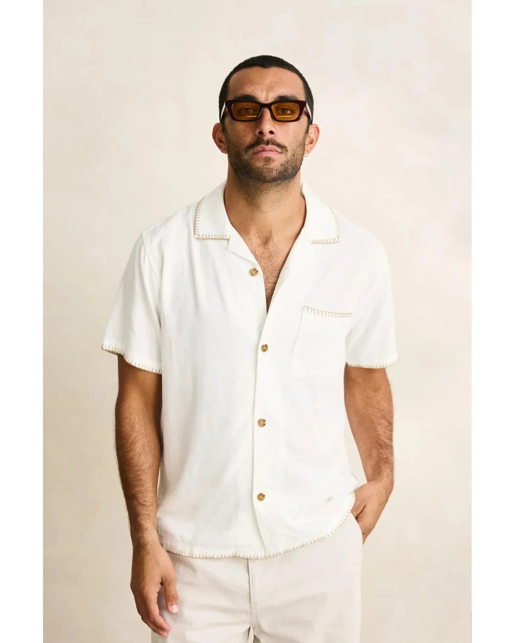 Rhythm Mens Rhythm Linen Whip Stitch Short Sleeved Shirt - Vintage White Rhythm Linen Whip Stitch Short Sleeved Shirt - Vintage White Splash Swimwear