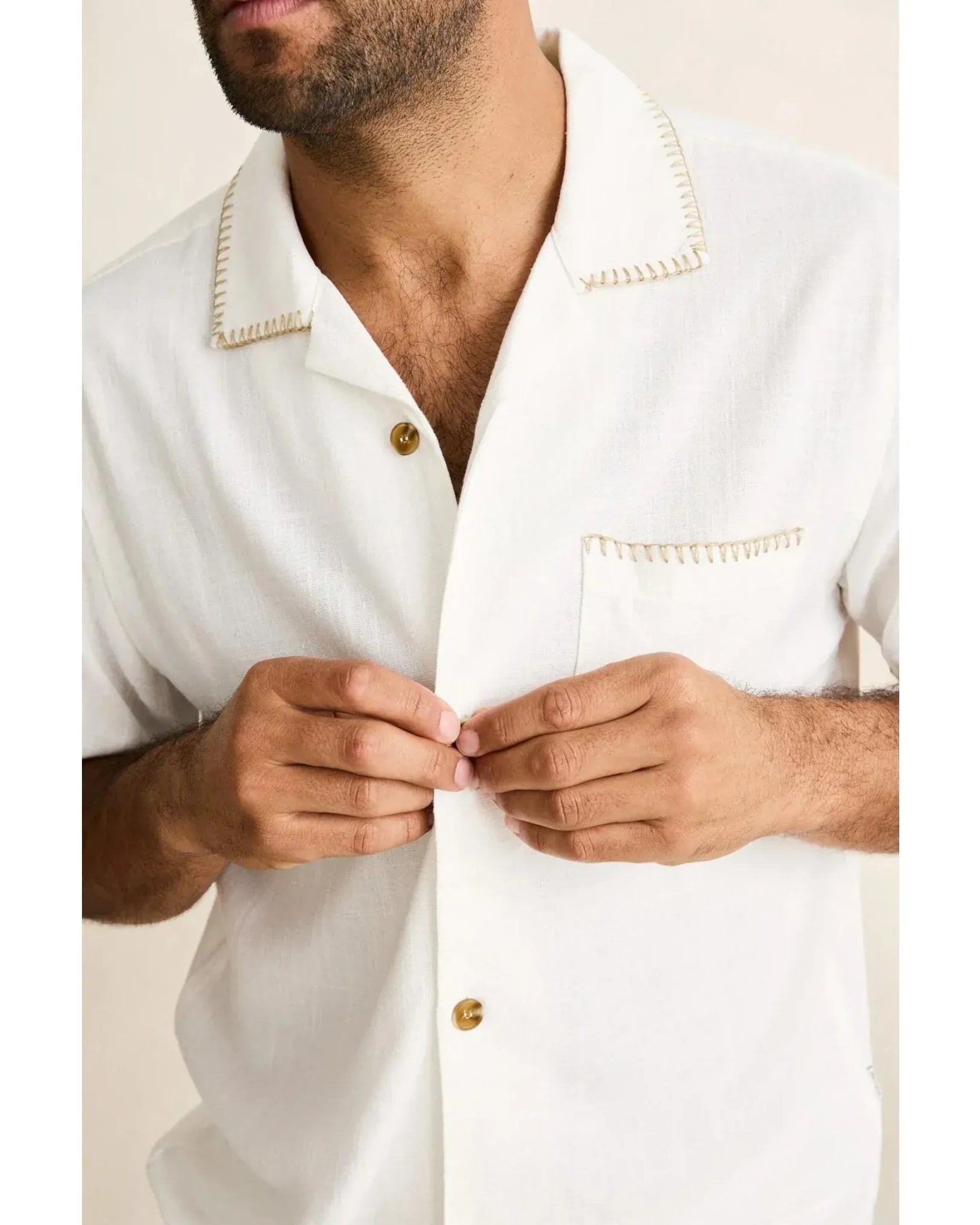 Rhythm Mens Rhythm Linen Whip Stitch Short Sleeved Shirt - Vintage White Rhythm Linen Whip Stitch Short Sleeved Shirt - Vintage White Splash Swimwear