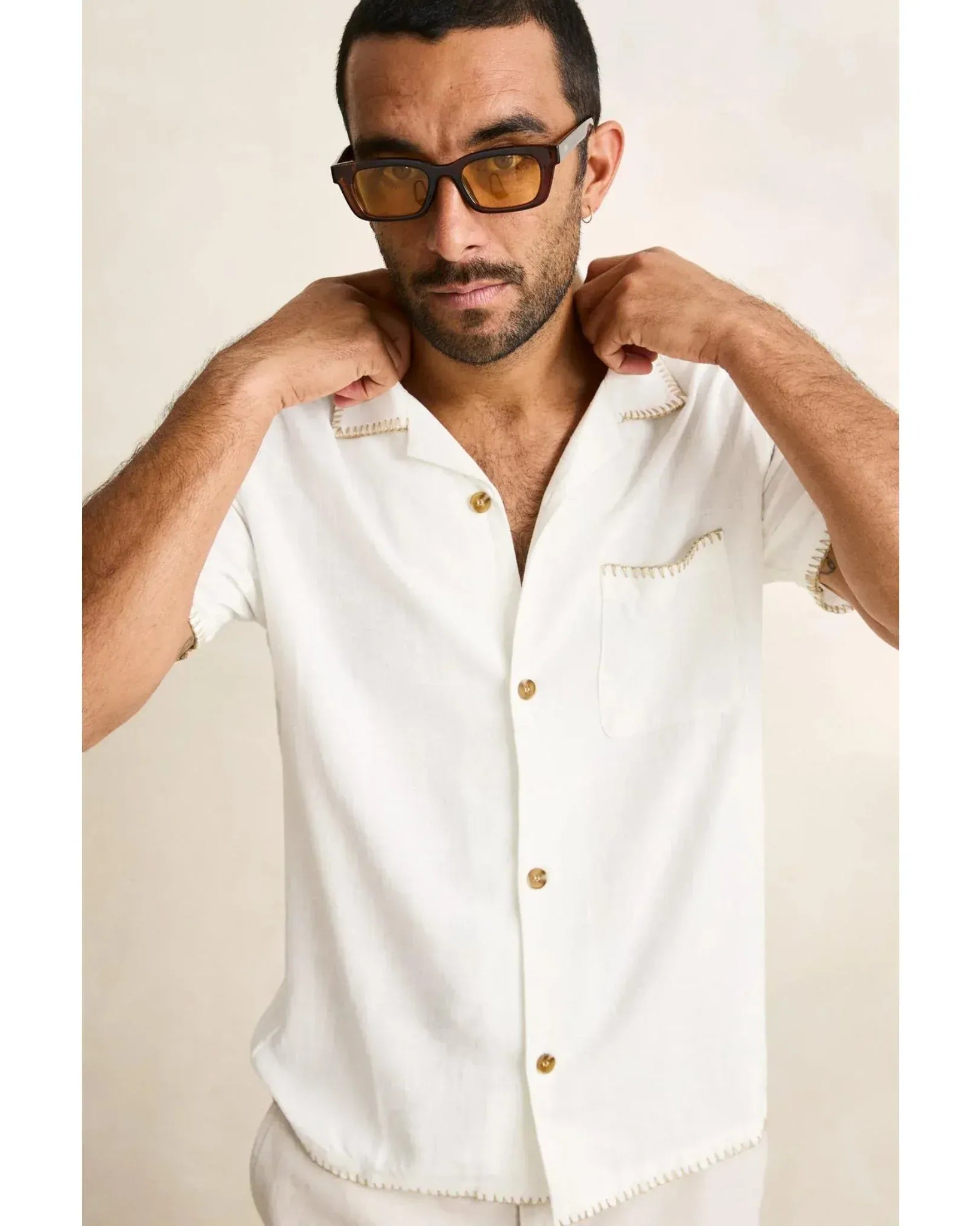 Rhythm Mens Rhythm Linen Whip Stitch Short Sleeved Shirt - Vintage White Rhythm Linen Whip Stitch Short Sleeved Shirt - Vintage White Splash Swimwear