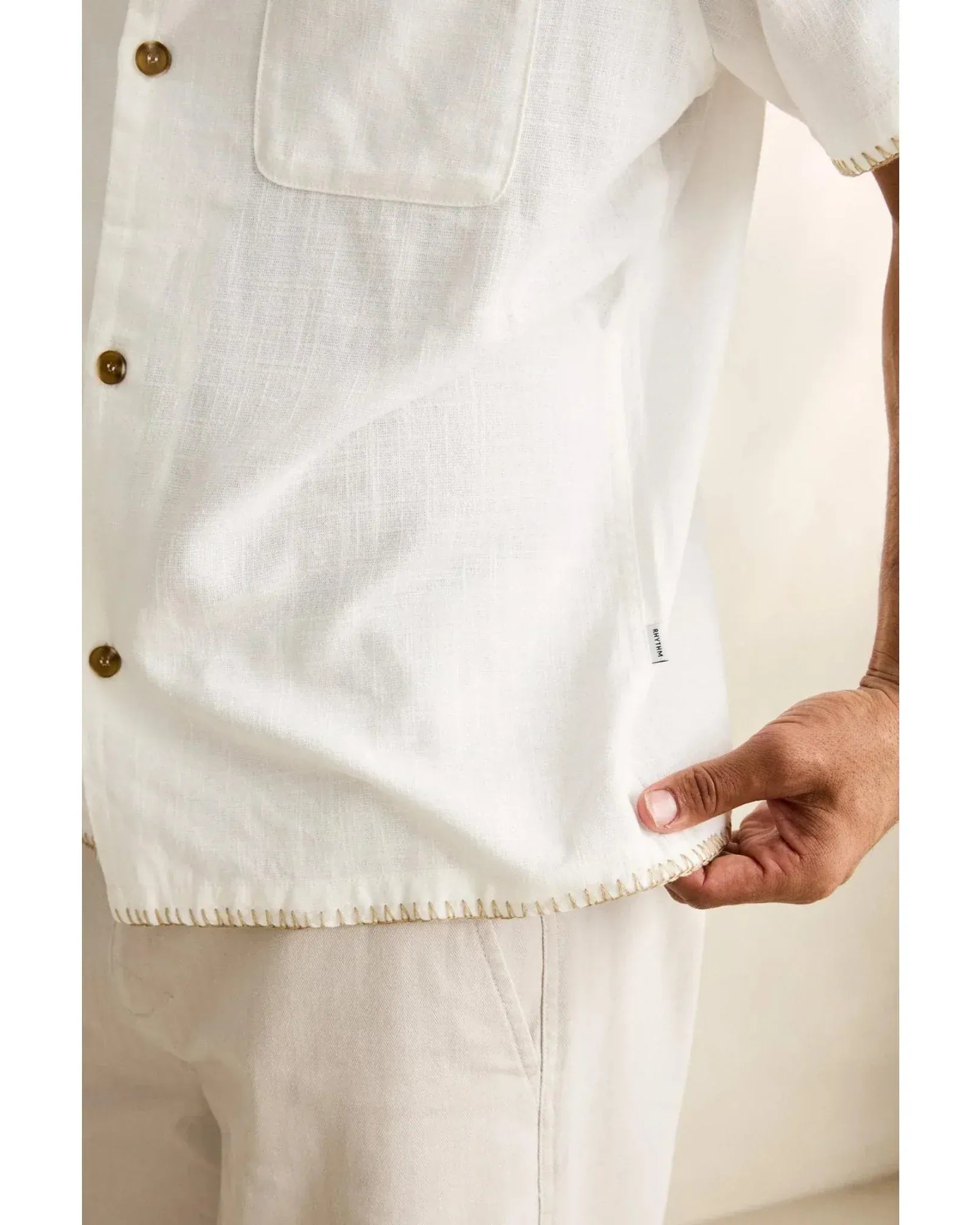 Rhythm Mens Rhythm Linen Whip Stitch Short Sleeved Shirt - Vintage White Rhythm Linen Whip Stitch Short Sleeved Shirt - Vintage White Splash Swimwear