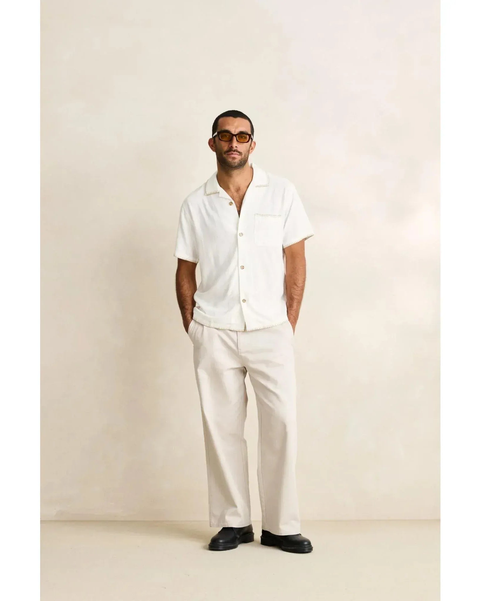 Rhythm Mens Rhythm Linen Whip Stitch Short Sleeved Shirt - Vintage White Rhythm Linen Whip Stitch Short Sleeved Shirt - Vintage White Splash Swimwear