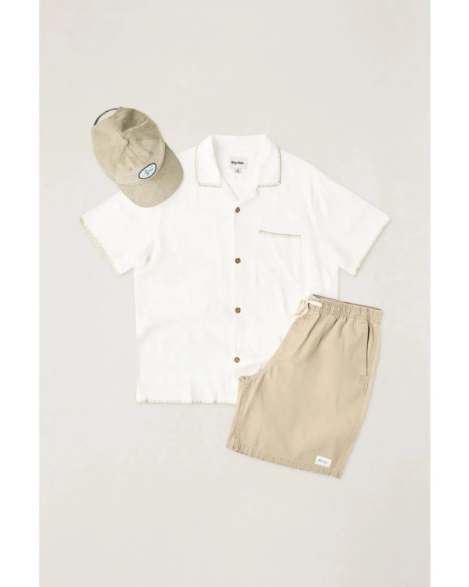 Rhythm Mens Rhythm Linen Whip Stitch Short Sleeved Shirt - Vintage White Rhythm Linen Whip Stitch Short Sleeved Shirt - Vintage White Splash Swimwear