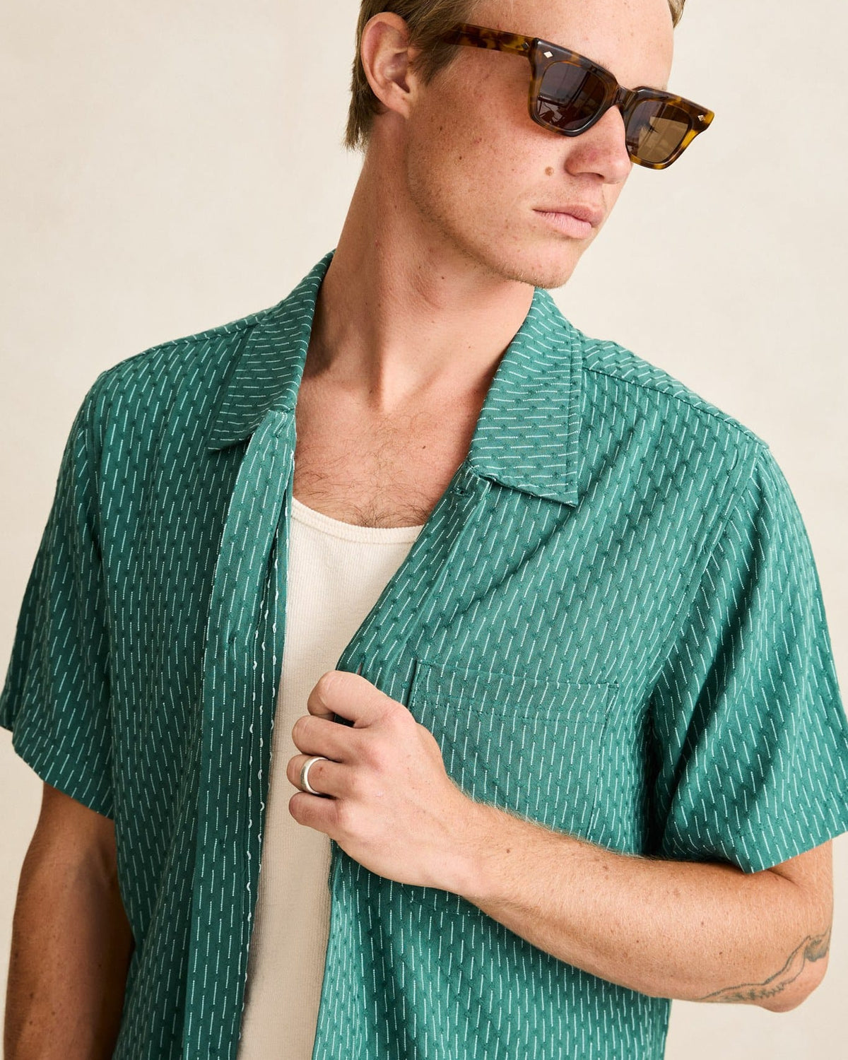 Rhythm Mens Rhythm Mens Linen Float Stitch SS Shirt - Pine Rhythm Mens Linen Float Stitch SS Shirt Pine Splash Swimwear Mens Shirt