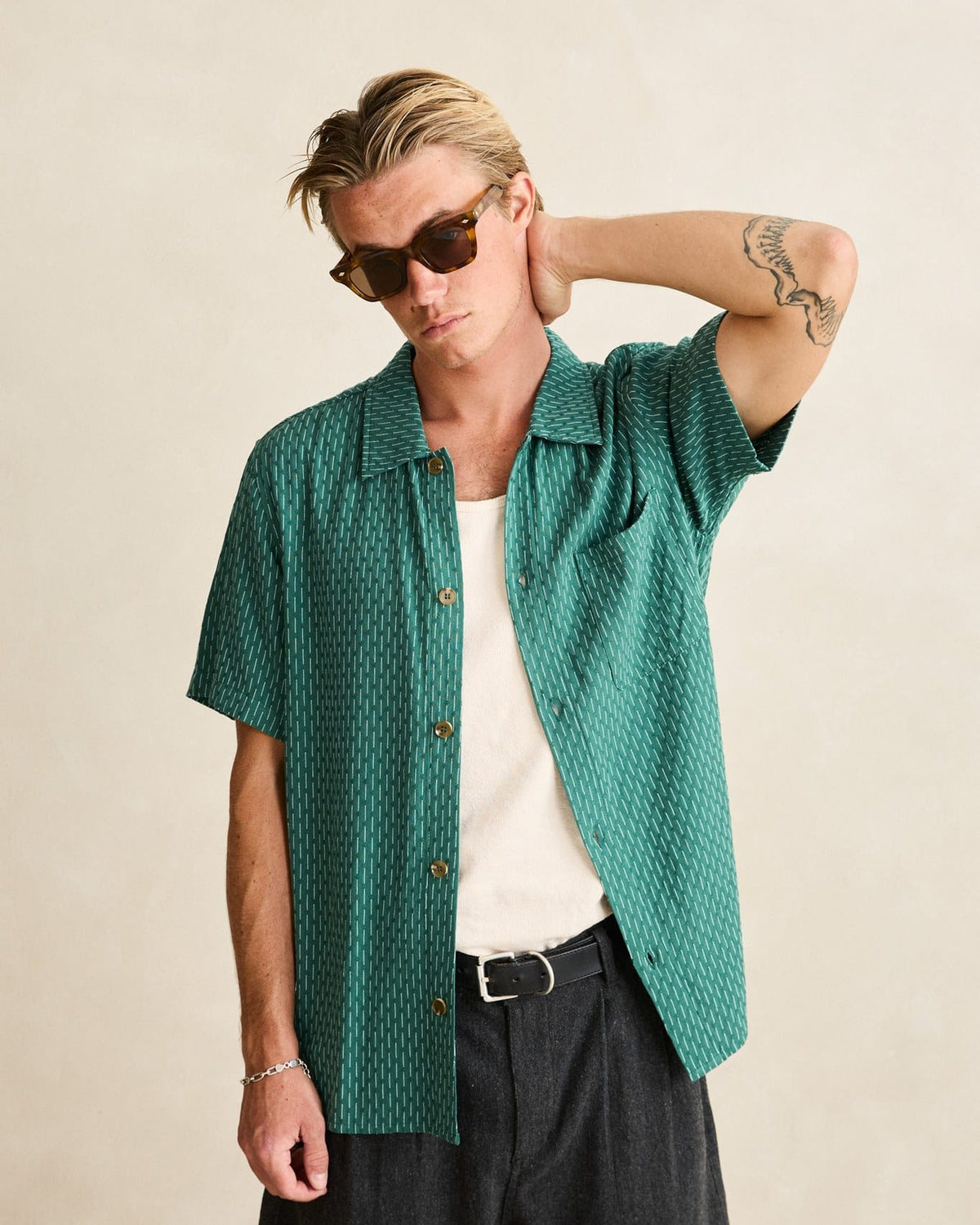 Rhythm Mens Rhythm Mens Linen Float Stitch SS Shirt - Pine Rhythm Mens Linen Float Stitch SS Shirt Pine Splash Swimwear Mens Shirt