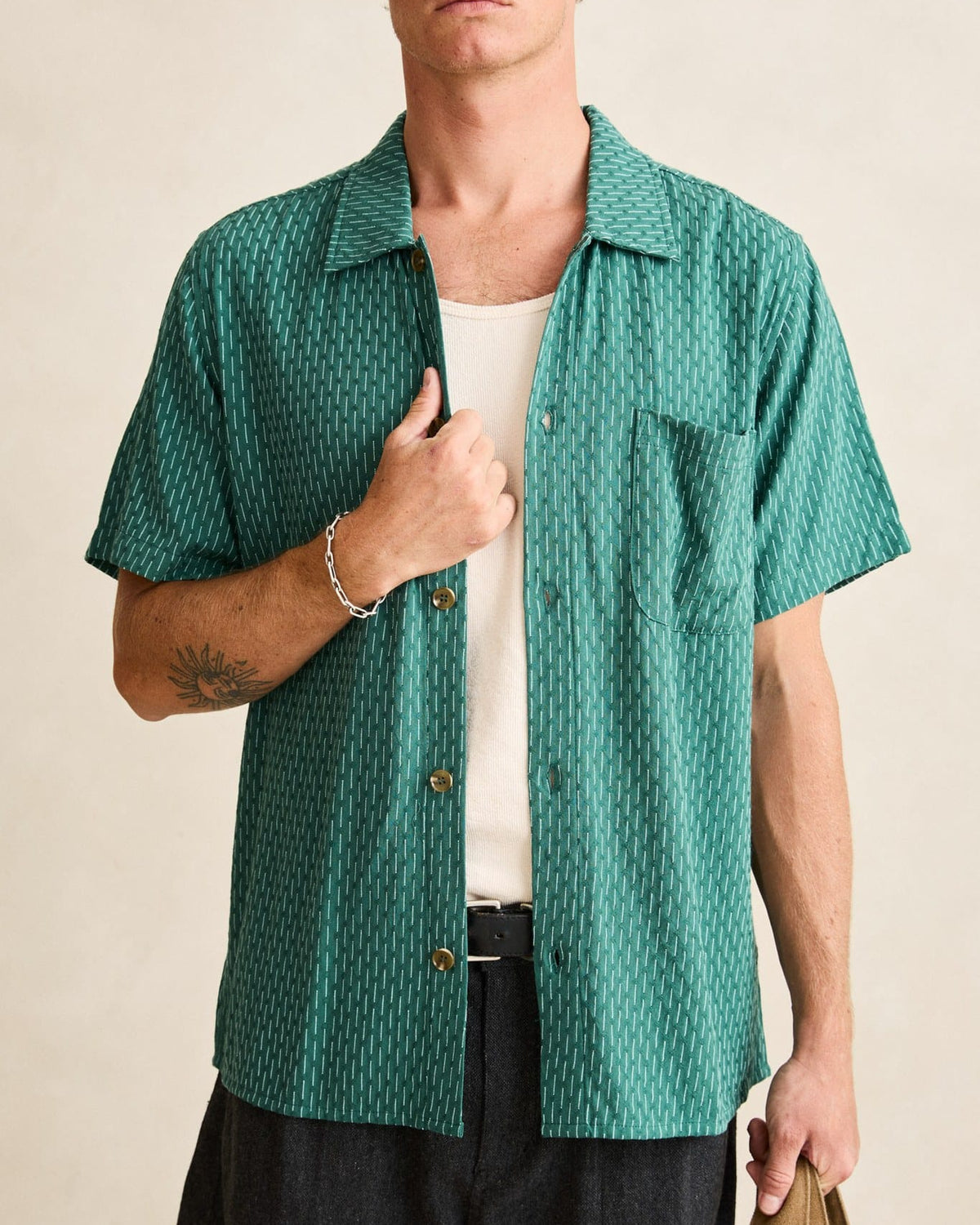 Rhythm Mens Rhythm Mens Linen Float Stitch SS Shirt - Pine CD25M-WT57-PIN-S Rhythm Mens Linen Float Stitch SS Shirt Pine Splash Swimwear Mens Shirt S 9360397408270