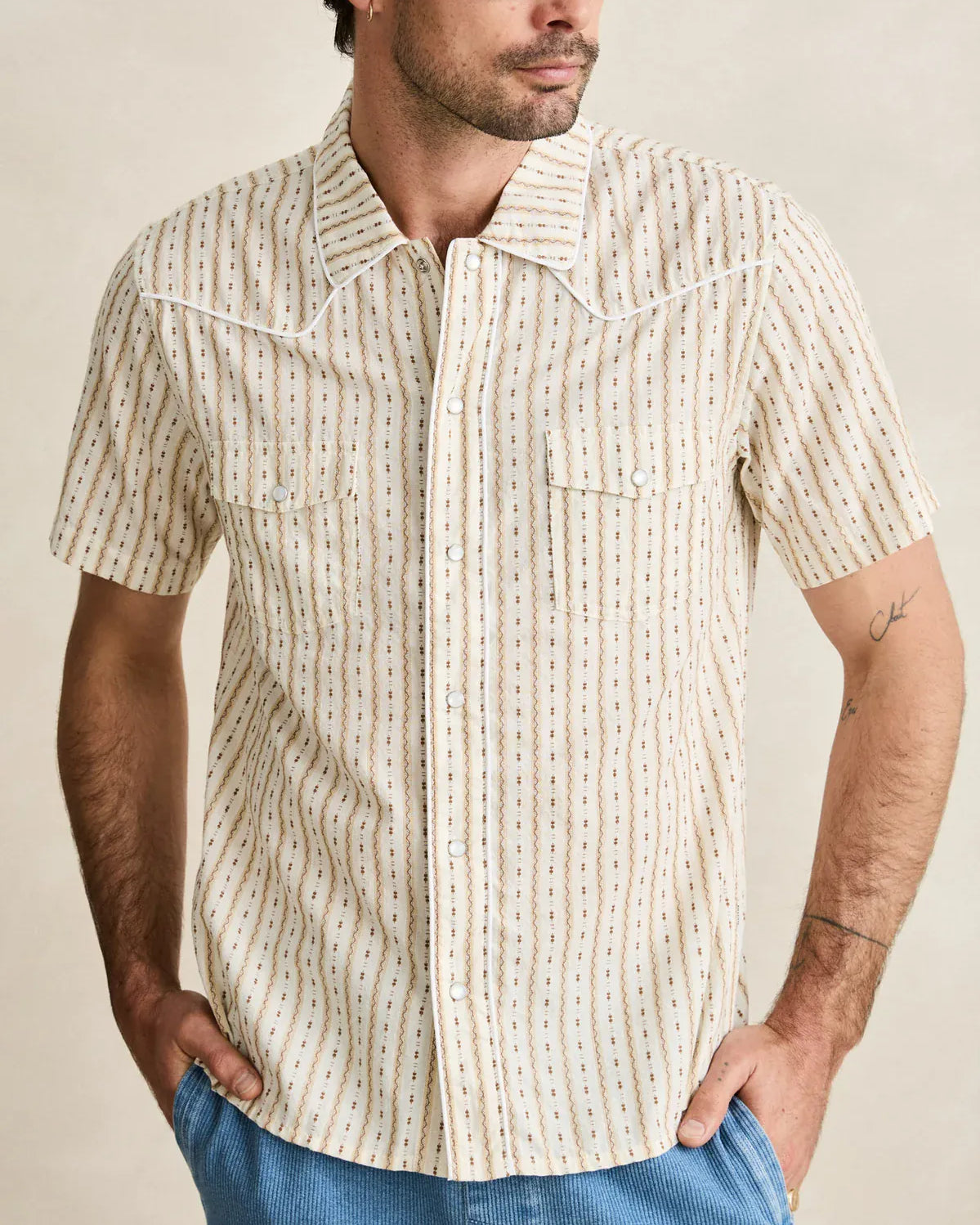 Rhythm Mens Rhythm Mens Lone Pine Stripe SS Shirt - Natural Rhythm Mens Lone Pine Stripe SS Shirt - Natural Splash Swimwear Mens Shirt