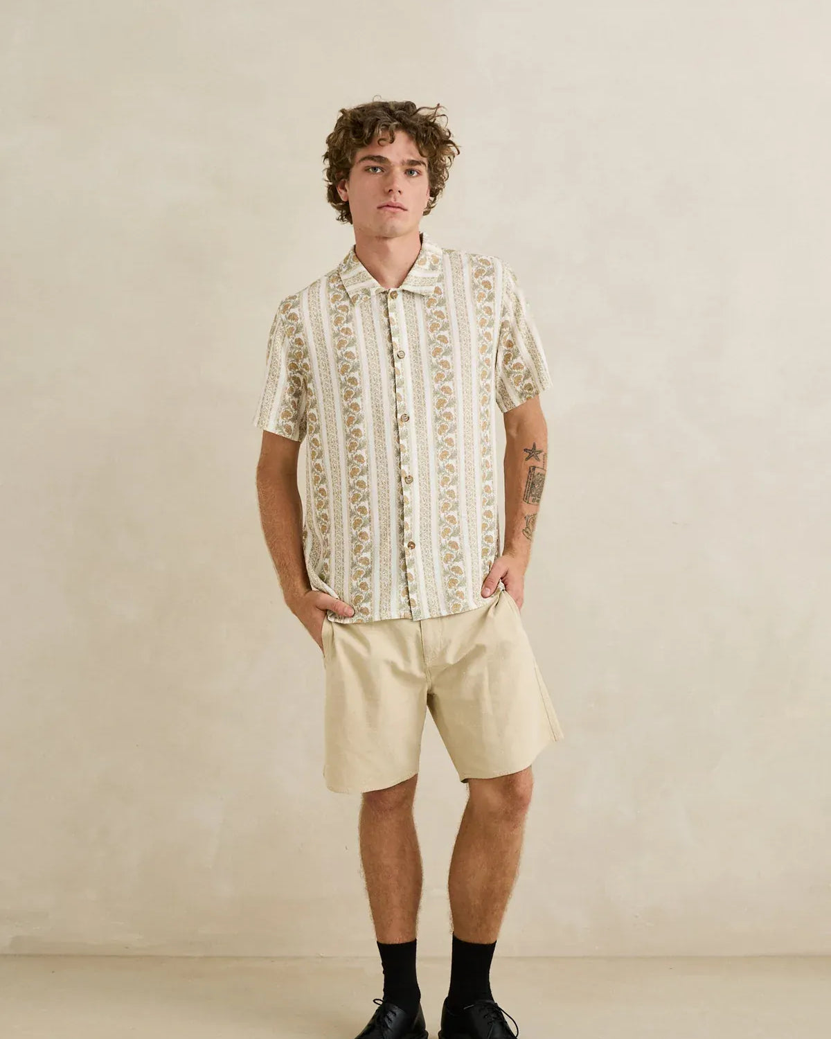 Rhythm Mens Rhythm Mens Paisley Stripe SS Shirt - Natural Rhythm Mens Paisley Stripe SS Shirt - Natural Splash Swimwear Mens Shirt
