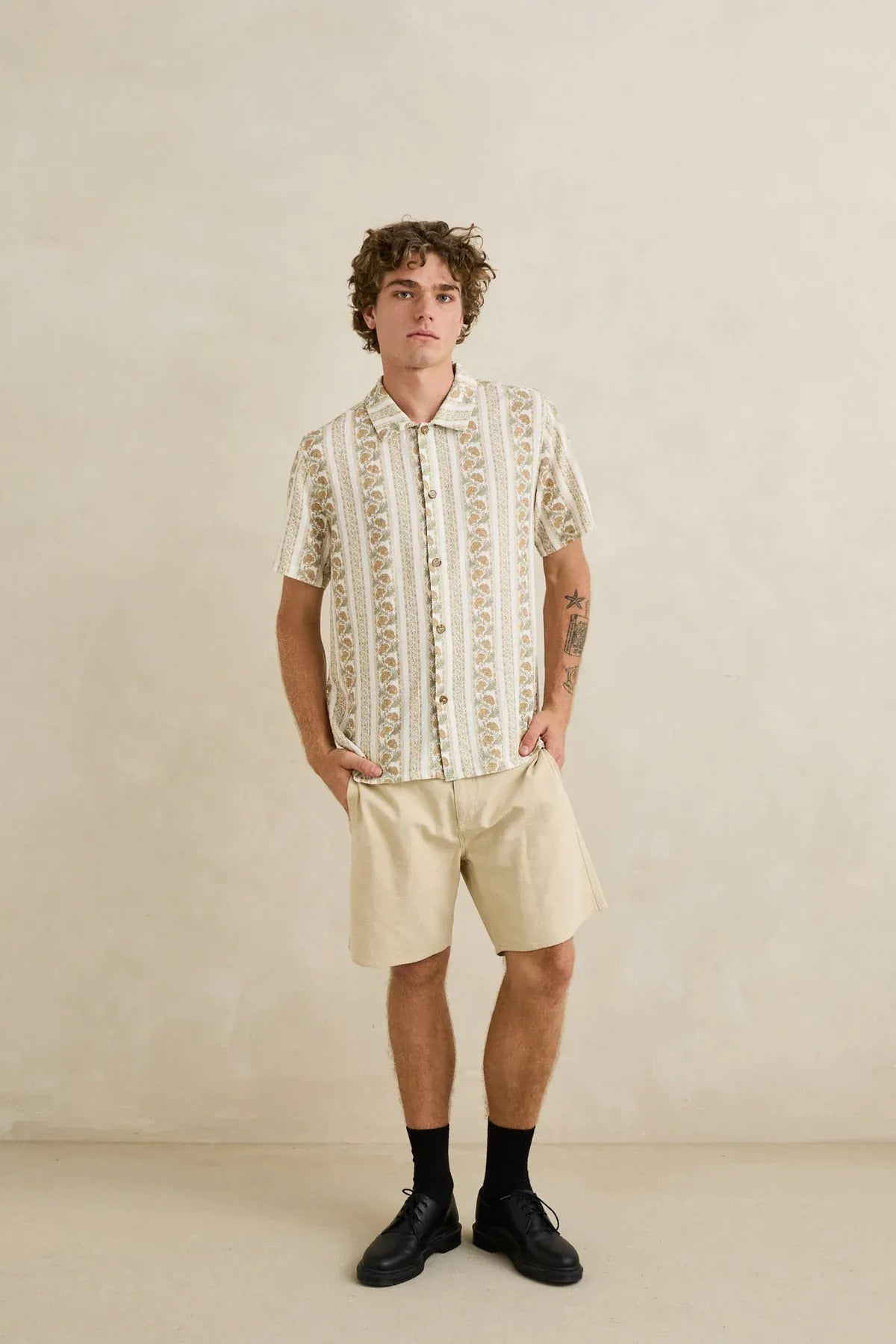 Rhythm Mens Rhythm Mens Paisley Stripe SS Shirt - Natural Rhythm Mens Paisley Stripe SS Shirt - Natural Splash Swimwear Mens Shirt