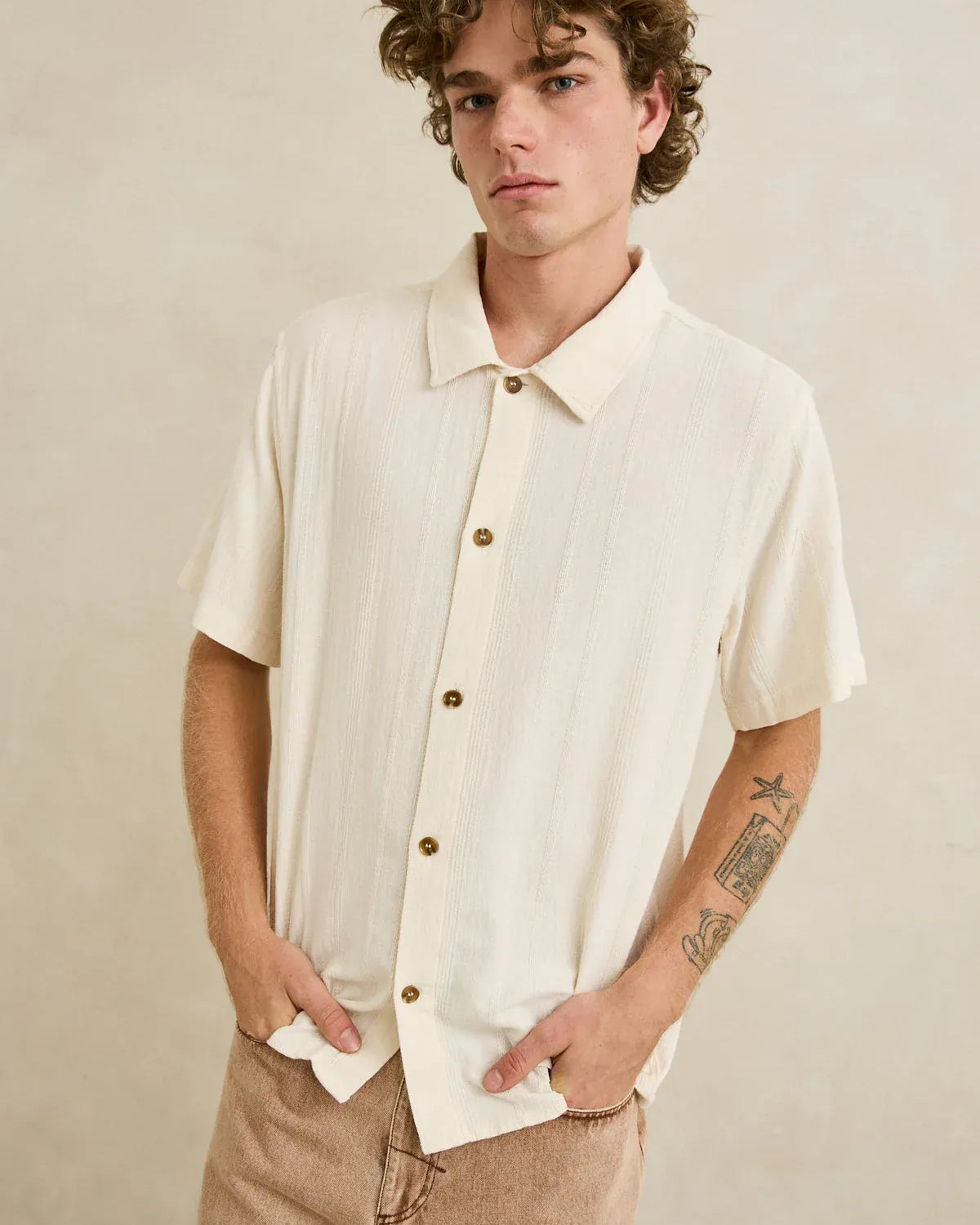 Rhythm Mens Rhythm Mens Sundown SS Shirt - Natural Rhythm Mens Sundown SS Shirt - Natural Splash Swimwear Mens Shirt