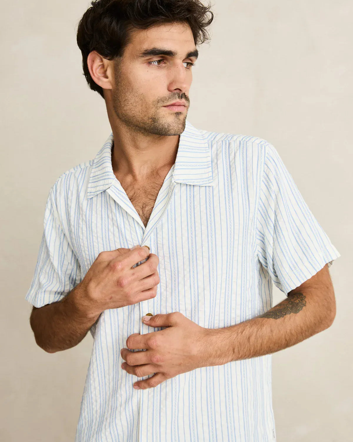 Rhythm Mens Rhythm Novelty Stripe SS Shirt - White Rhythm Novelty Stripe SS Shirt - White Splash Swimwear Mens Shirt
