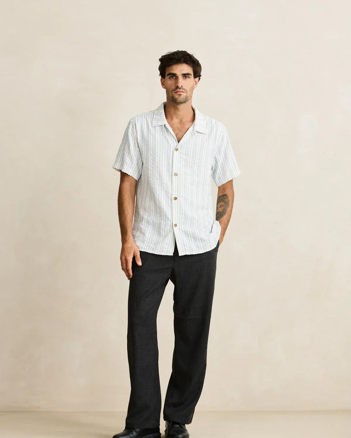Rhythm Mens Rhythm Novelty Stripe SS Shirt - White Rhythm Novelty Stripe SS Shirt - White Splash Swimwear Mens Shirt