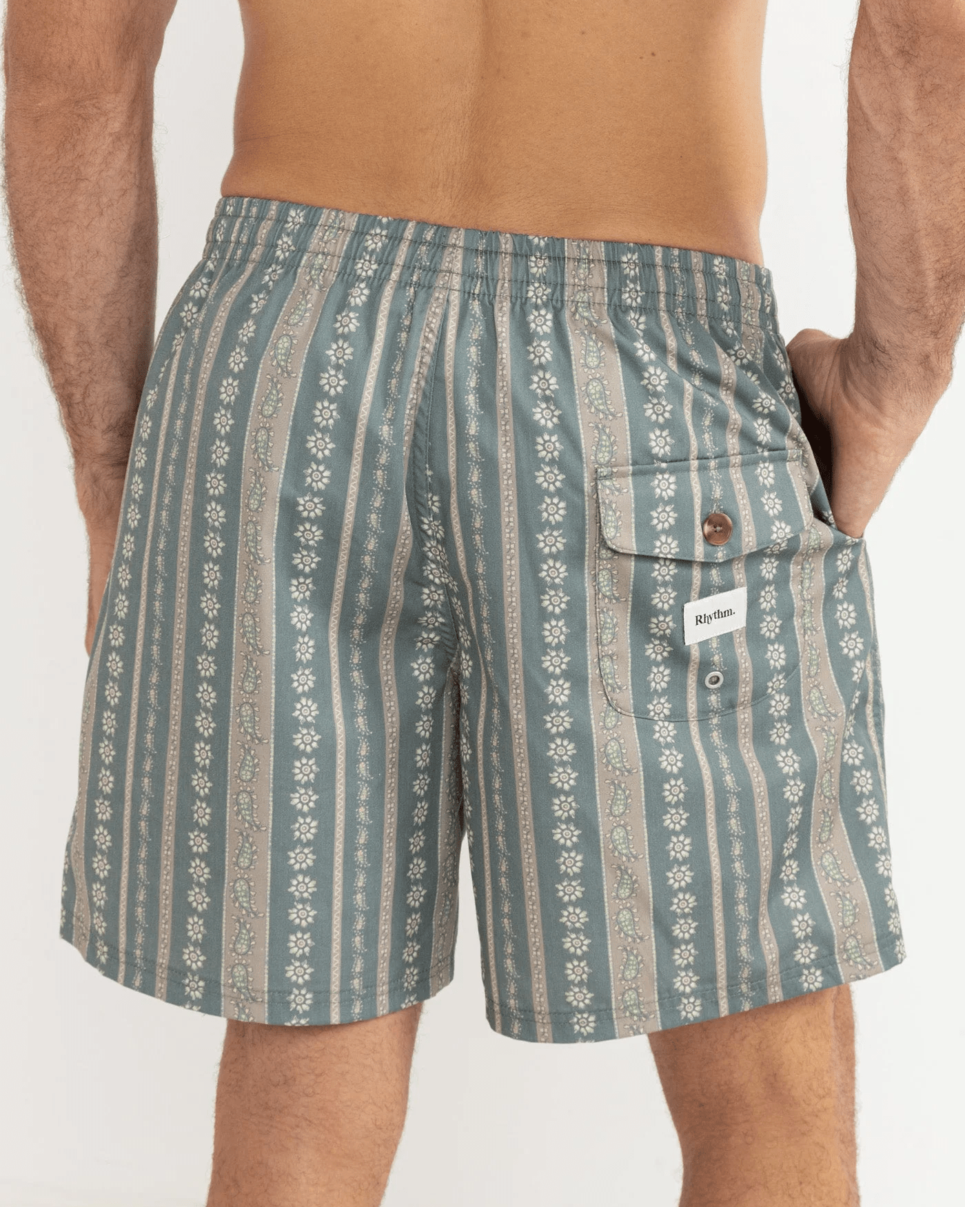 Rhythm Mens Rhythm Paisley Stripe Beach Short - Olive Rhythm Paisley Stripe Beach Short - Olive Splash Swimwear Mens