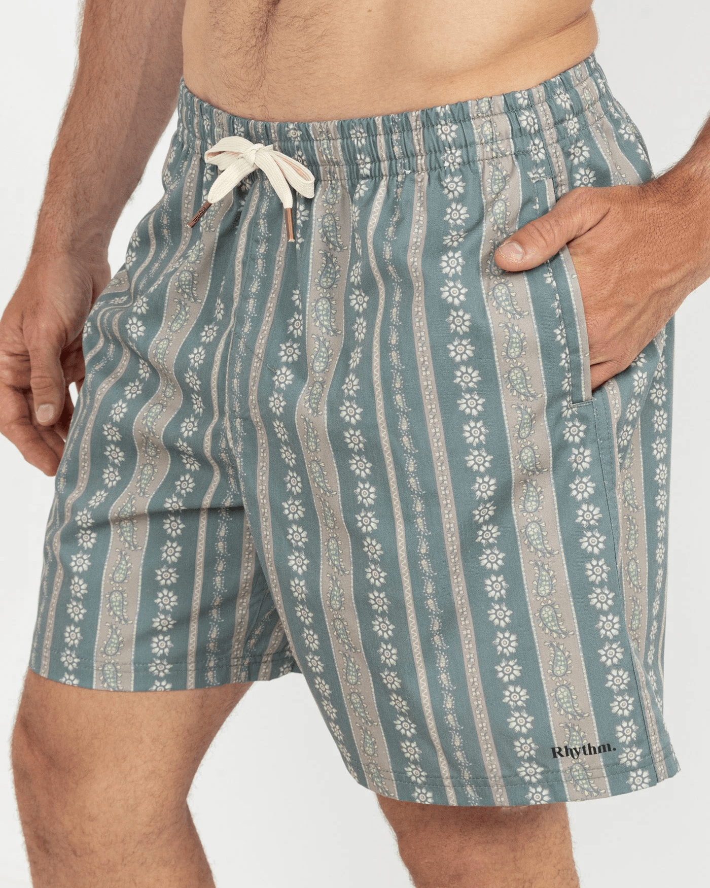 Rhythm Mens Rhythm Paisley Stripe Beach Short - Olive Rhythm Paisley Stripe Beach Short - Olive Splash Swimwear Mens