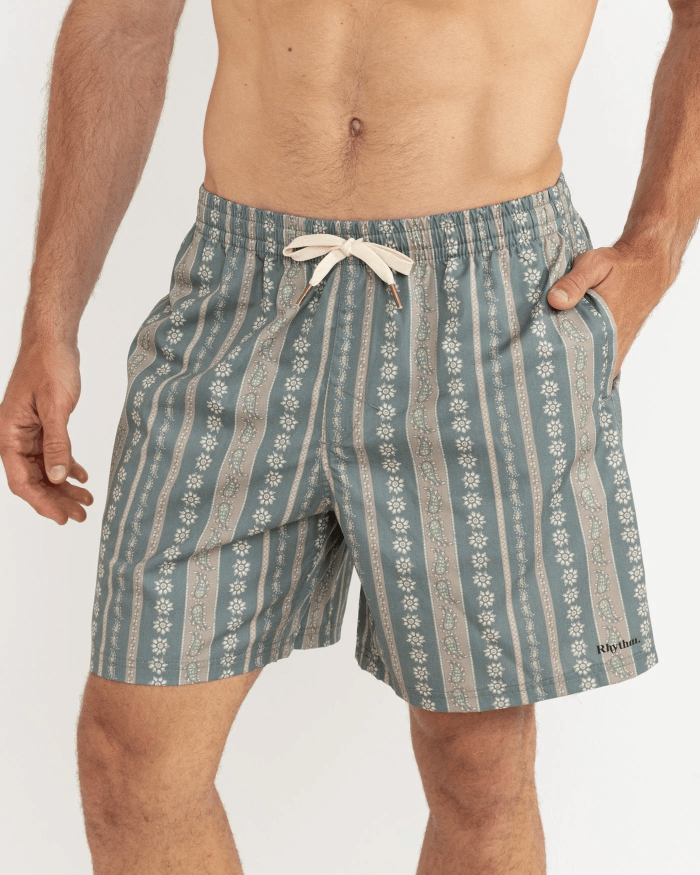 Rhythm Mens Rhythm Paisley Stripe Beach Short - Olive Rhythm Paisley Stripe Beach Short - Olive Splash Swimwear Mens