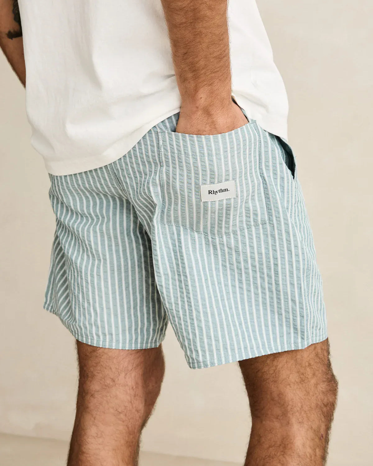 Rhythm Mens Rhythm Seersucker Stripe Jam - Pine Rhythm Seersucker Stripe Jam - Pine Splash Swimwear Mens Shorts