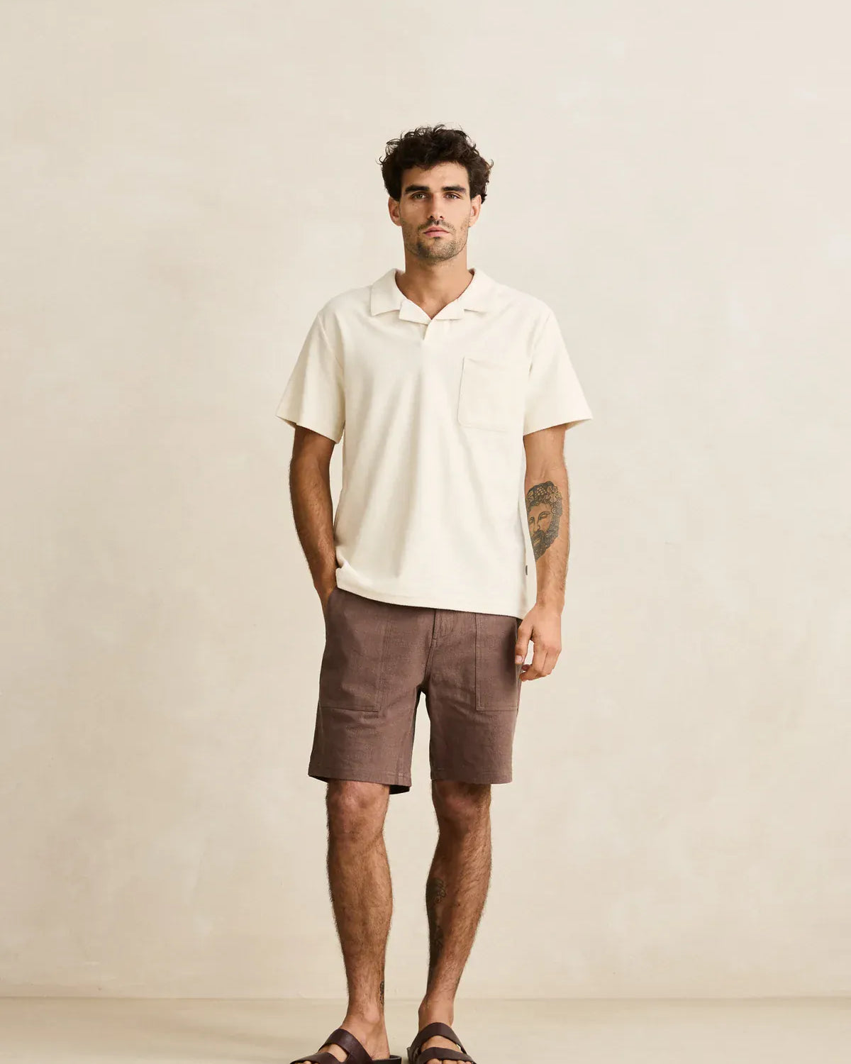 Rhythm Mens Rhythm Worn Path Textured Linen Short - Oak Rhythm Worn Path Textured Linen Short - Oak Splash Swimwear Mens Shorts